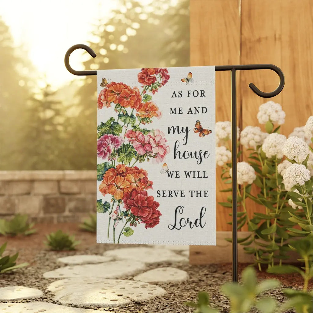 As For Me and My House Geraniums Butterflies Scripture Garden Flag Printify
