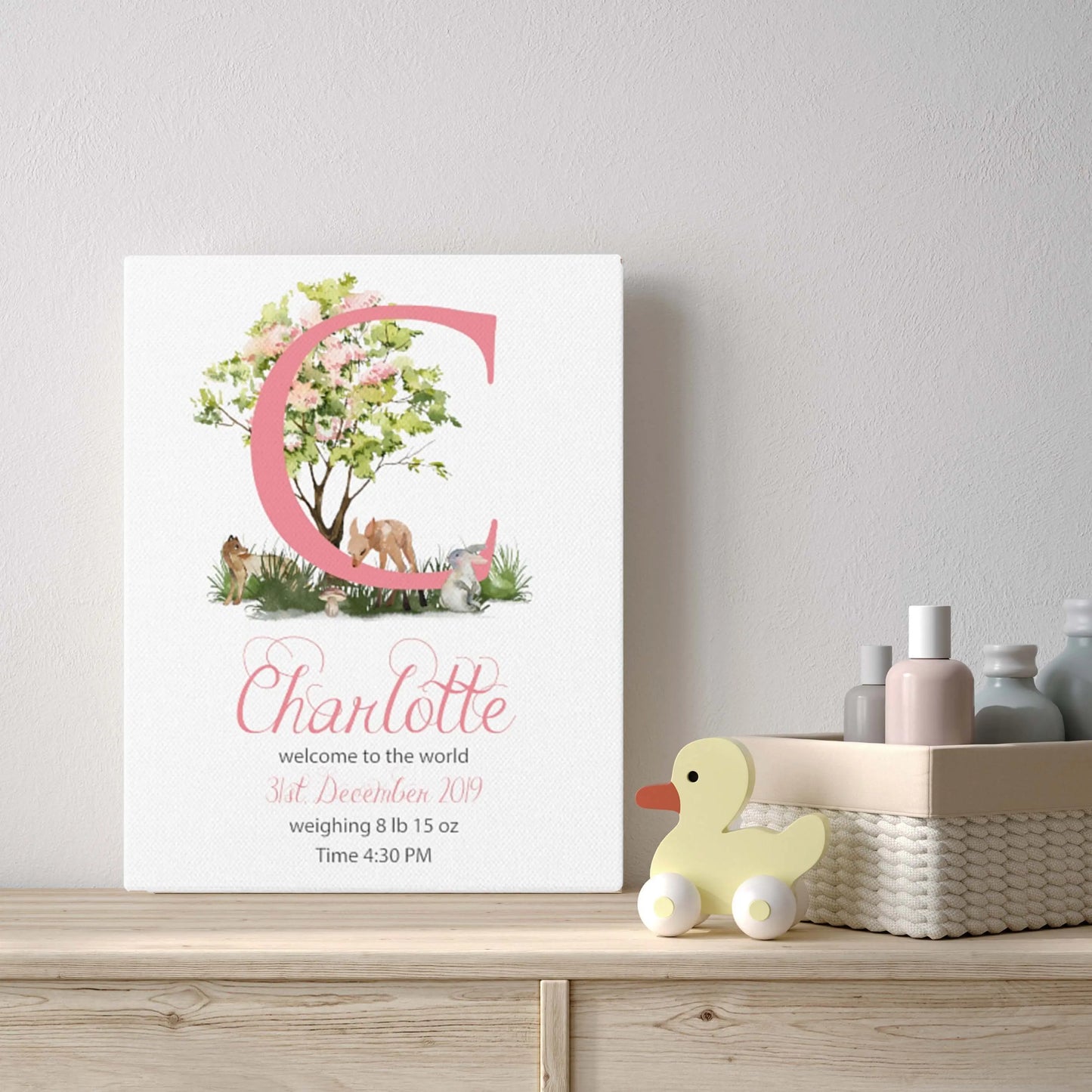 Baby Girl Monogram Birth Letter Art Canvas Gallery Wrap, Custom Baby Wall Art, Nursery Name Sign Printify