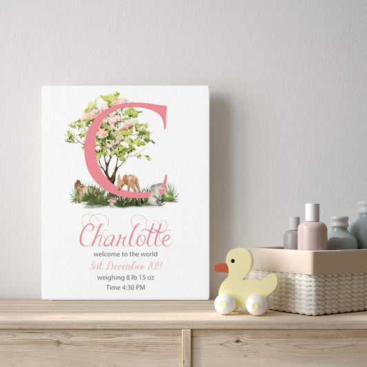 Baby Girl Monogram Birth Letter Art Canvas Gallery Wrap, Custom Baby Wall Art, Nursery Name Sign Printify