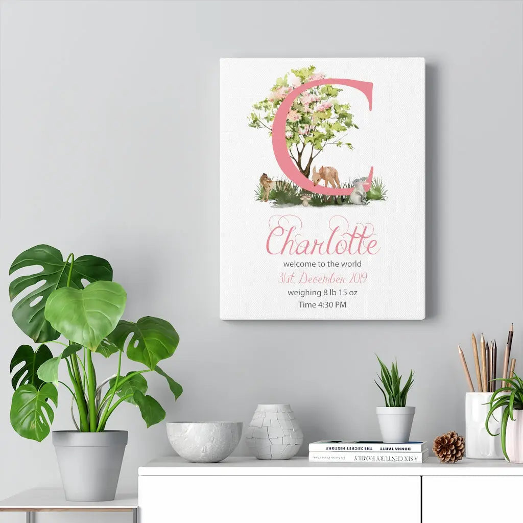Baby Girl Monogram Birth Letter Art Canvas Gallery Wrap, Custom Baby Wall Art, Nursery Name Sign Printify