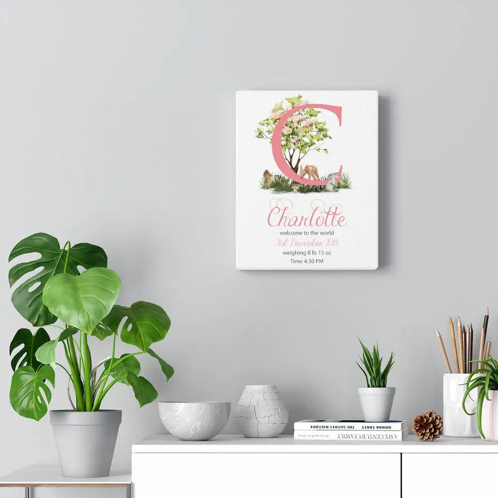Baby Girl Monogram Birth Letter Art Canvas Gallery Wrap, Custom Baby Wall Art, Nursery Name Sign Printify