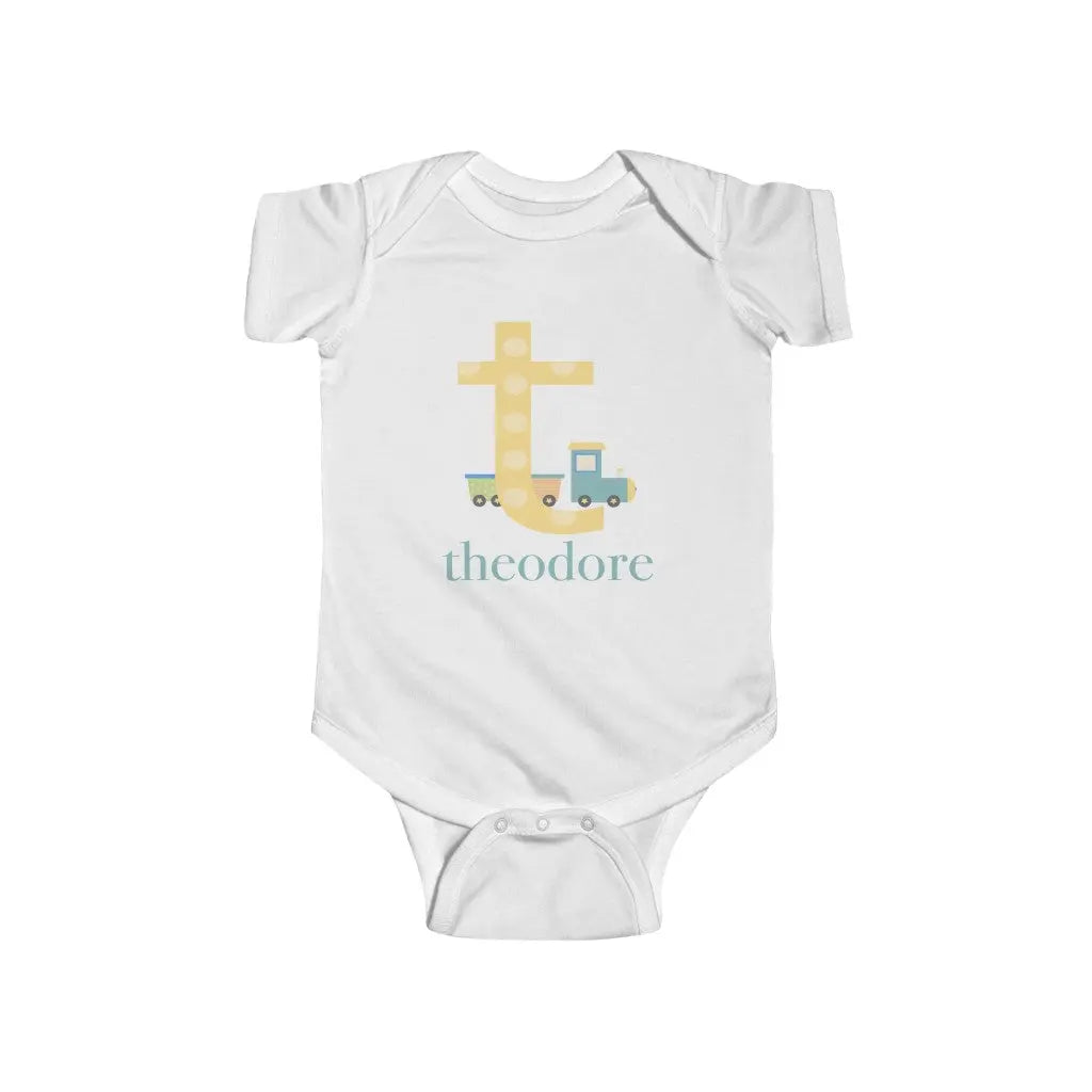 Baby boy T Monogram with Train Name Personalized Infant Onesie Printify