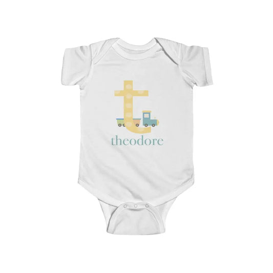 Baby boy T Monogram with Train Name Personalized Infant Onesie Printify