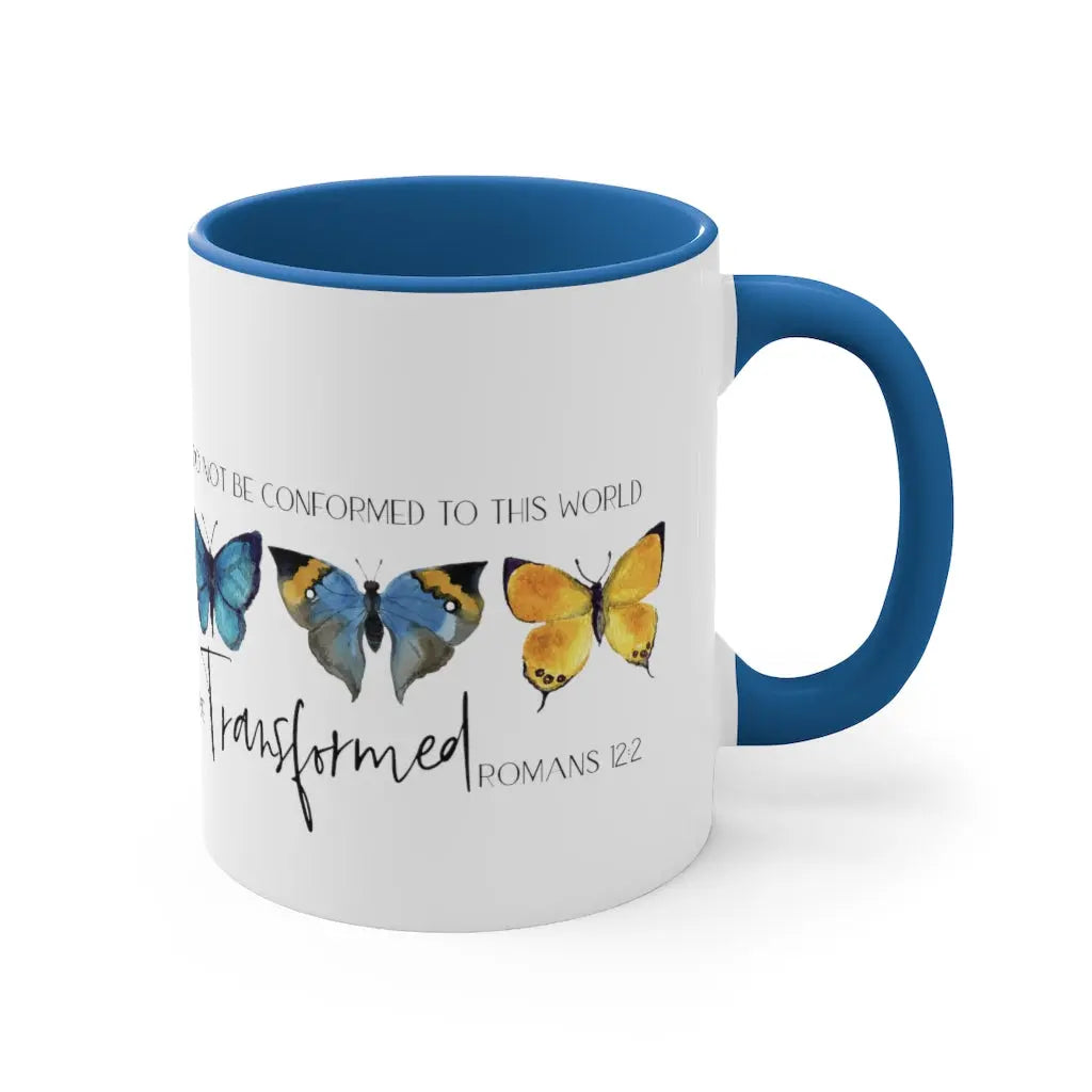 Be Transformed Scripture Blue Accent Coffee Mug 11oz, Christian Mug, Scripture Mug, Christian Faith Gift Printify