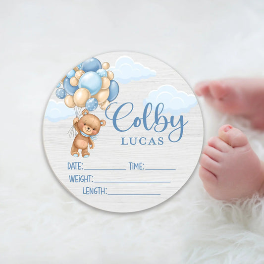 Bear with Balloons Boy Birth Stats Round Wood Baby Name Sign Amazing Faith Designs
