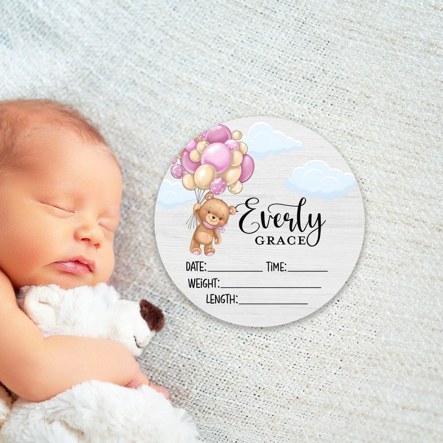 Bear with Balloons Girl Birth Stats Round Wood Baby Name Sign Amazing Faith Designs