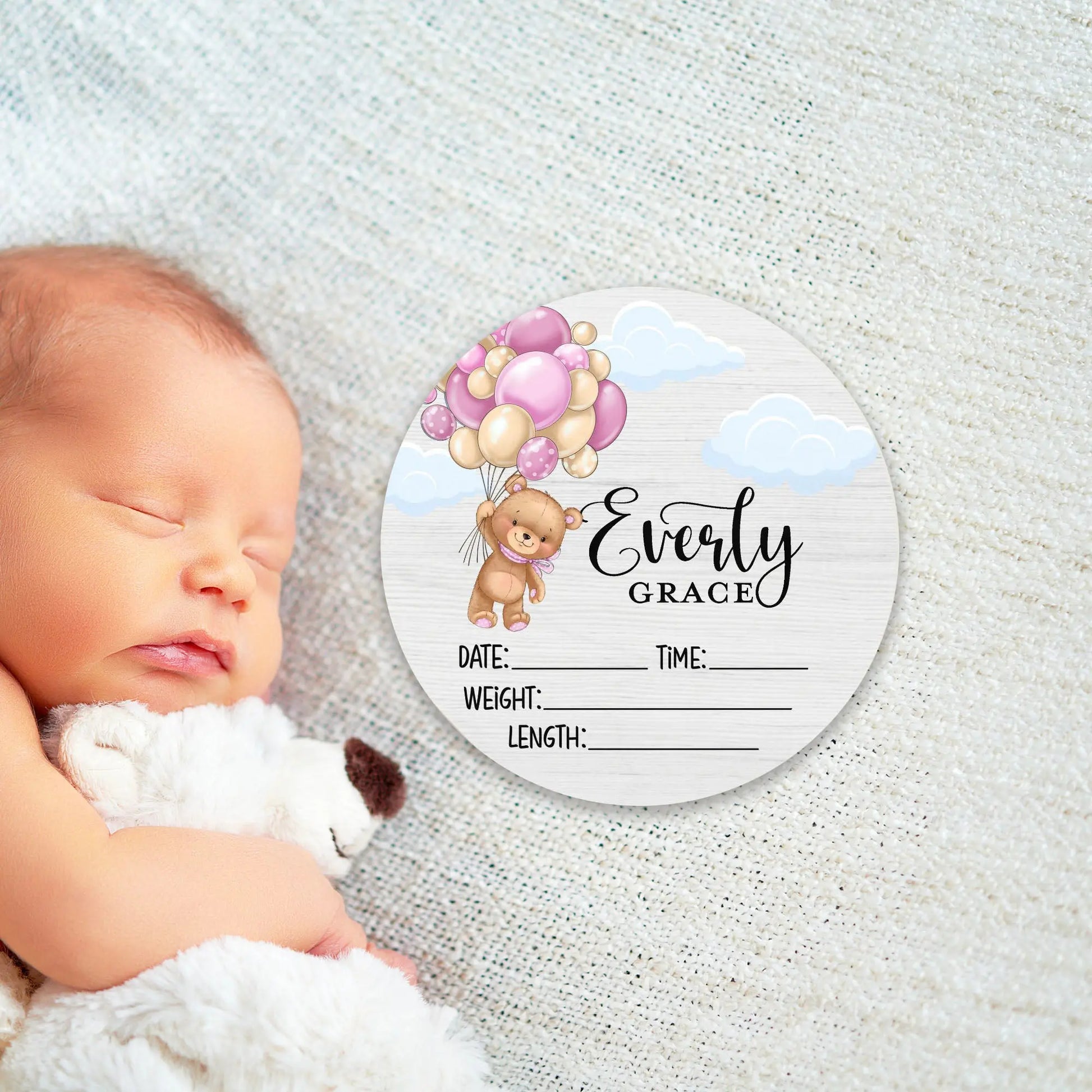 Bear with Balloons Girl Birth Stats Round Wood Baby Name Sign Amazing Faith Designs