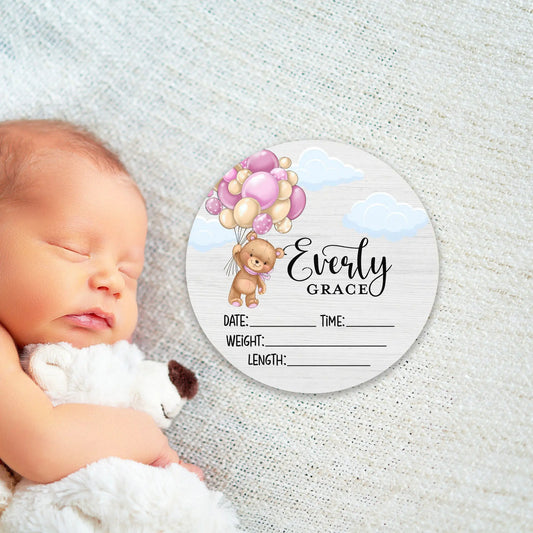 Bear with Balloons Girl Birth Stats Round Wood Baby Name Sign Amazing Faith Designs