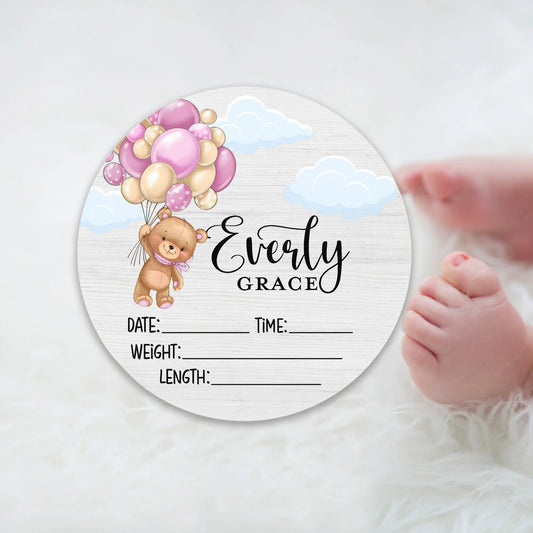 Bear with Balloons Girl Birth Stats Round Wood Baby Name Sign Amazing Faith Designs