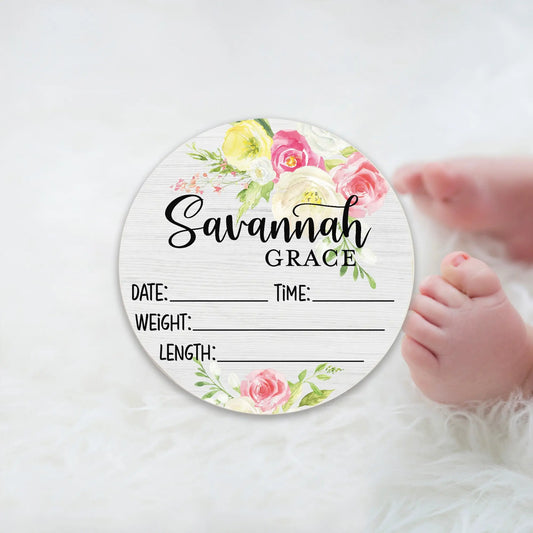 Birth Stat Sign Personalized for Newborn Baby Girl - Pink Flowers Amazing Faith Designs