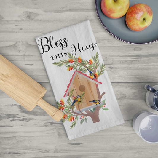 Bless This House Birdhouse Tea Towel, Birdhouse Kitchen Towel, Farmhouse Dish Towel, Cute Kitchen Towel, Christian Gift Printify