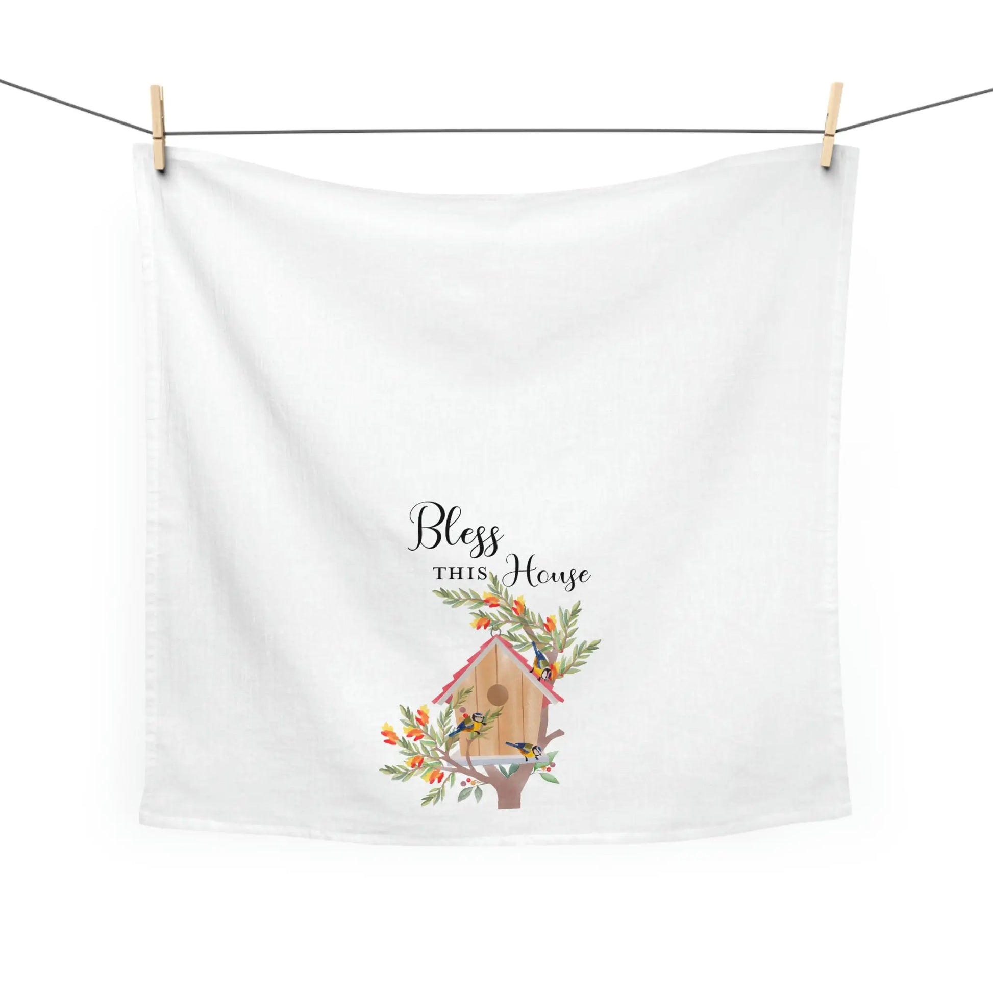 Bless This House Birdhouse Tea Towel, Birdhouse Kitchen Towel, Farmhouse Dish Towel, Cute Kitchen Towel, Christian Gift Printify