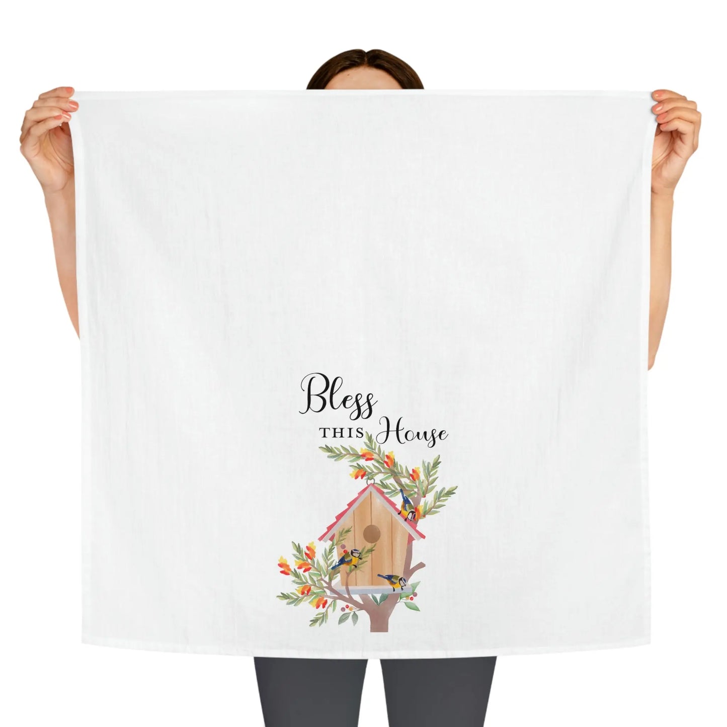 Bless This House Birdhouse Tea Towel, Birdhouse Kitchen Towel, Farmhouse Dish Towel, Cute Kitchen Towel, Christian Gift Printify