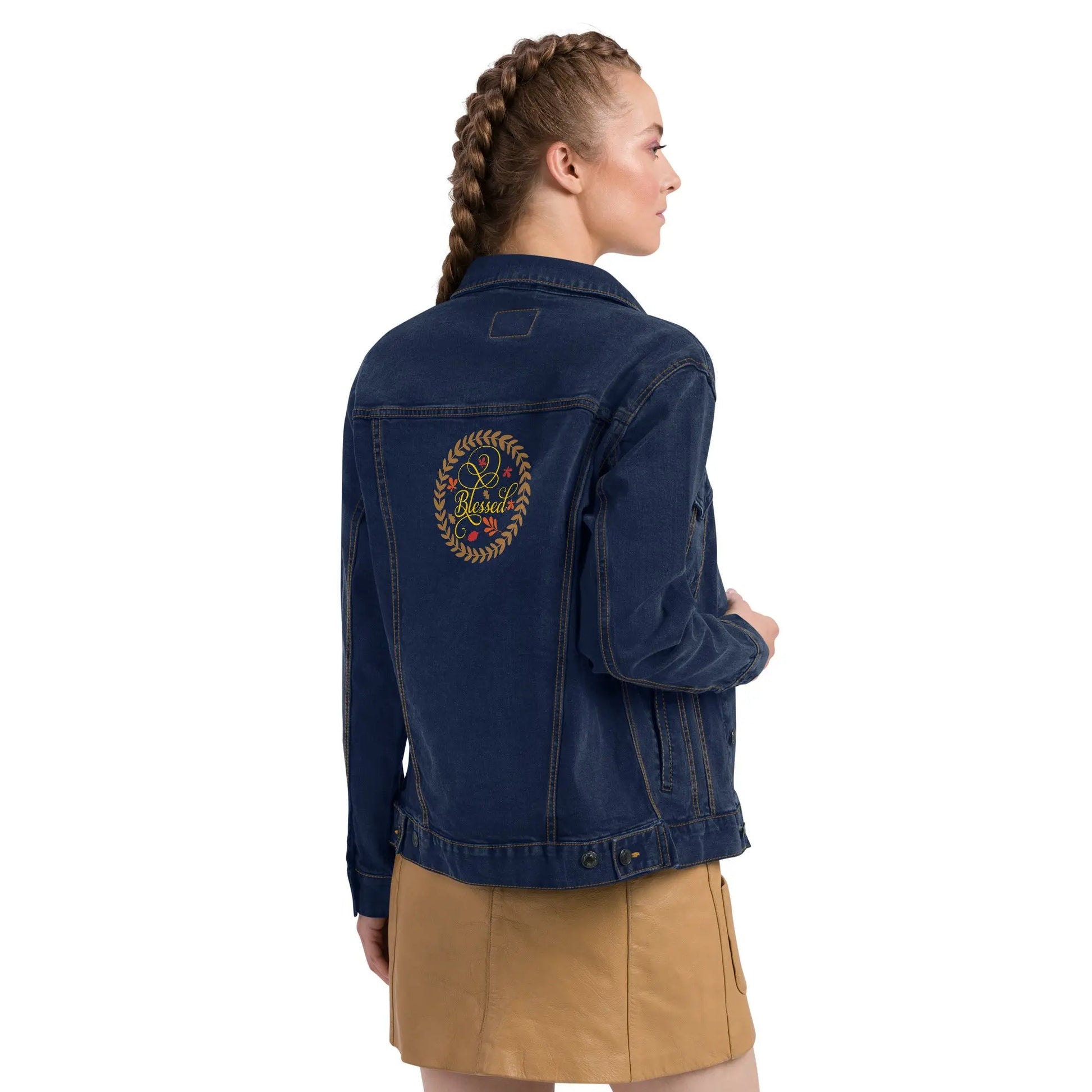 Blessed Fall Leaves Embroidered Denim Jacket Amazing Faith Designs