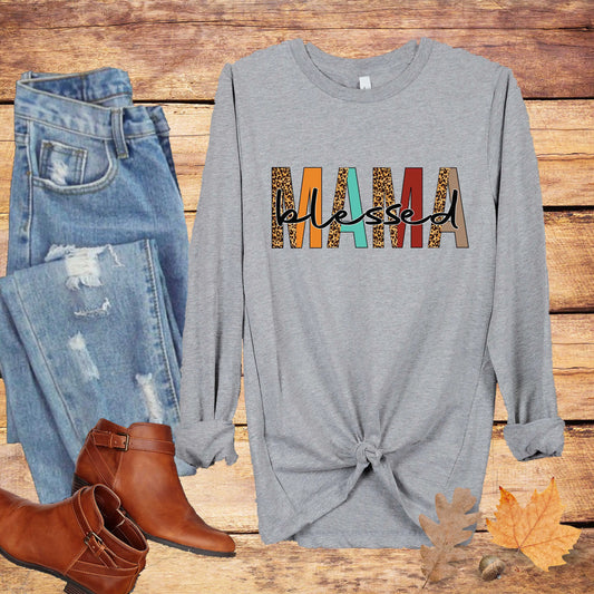 Blessed Mama Unisex Long Sleeve Tee, Mom Fall Shirt, Leopard Print Mama Shirt Printify
