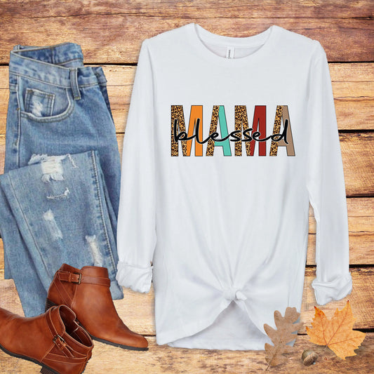 Blessed Mama Unisex Long Sleeve Tee, Mom Fall Shirt, Leopard Print Mama Shirt Printify