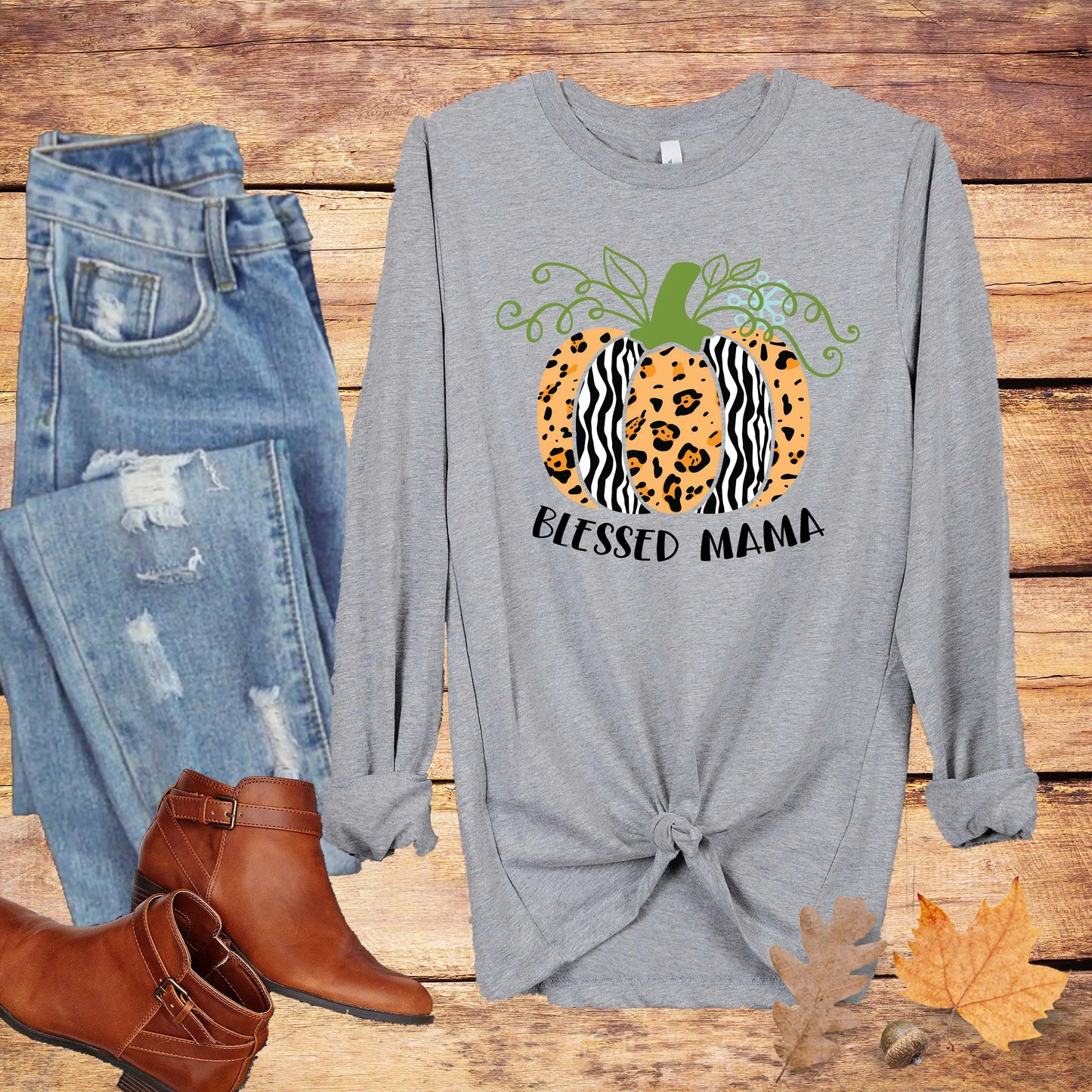 Blessed Mama Unisex Long Sleeve Tee, Mom Fall Shirt, Leopard Zebra Print Pumpkin Mama Shirt Printify