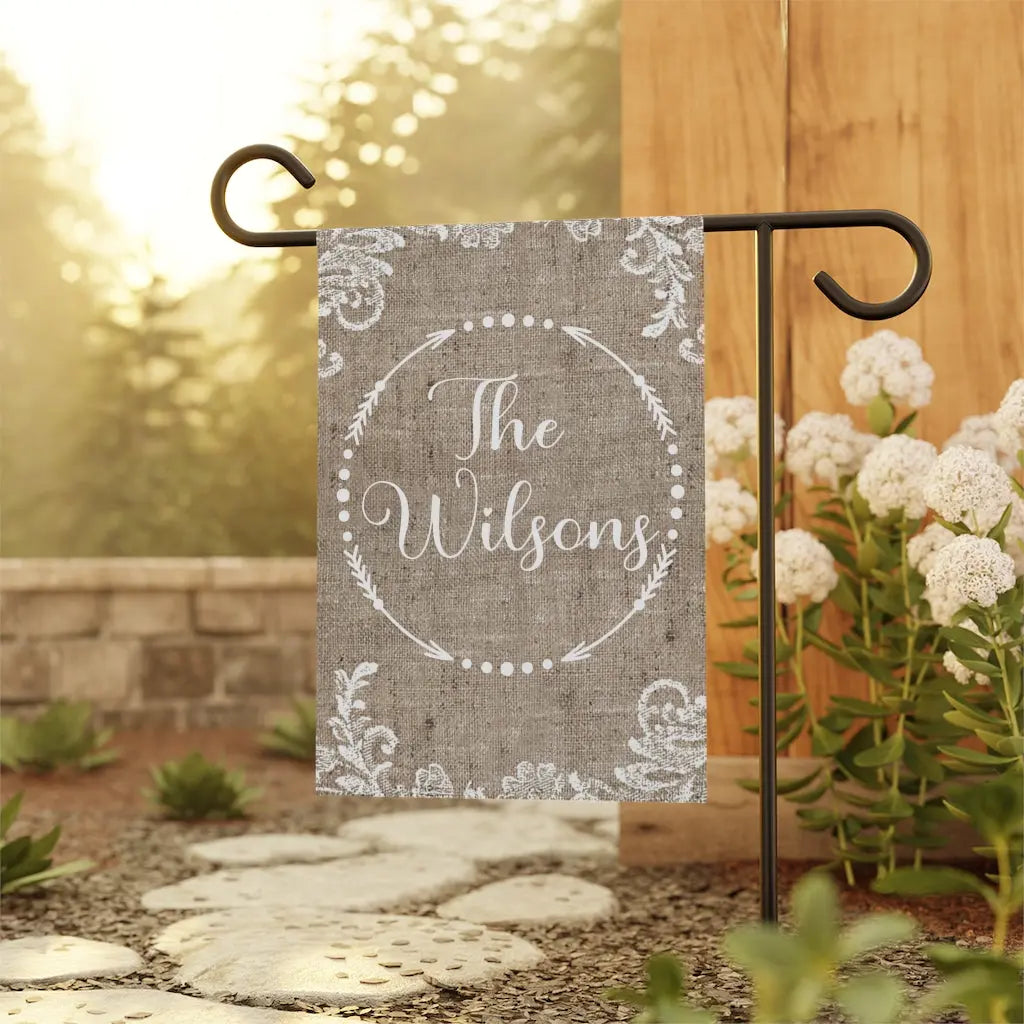 Burlap and Lace Family Name Garden Flag - Personalized Printify