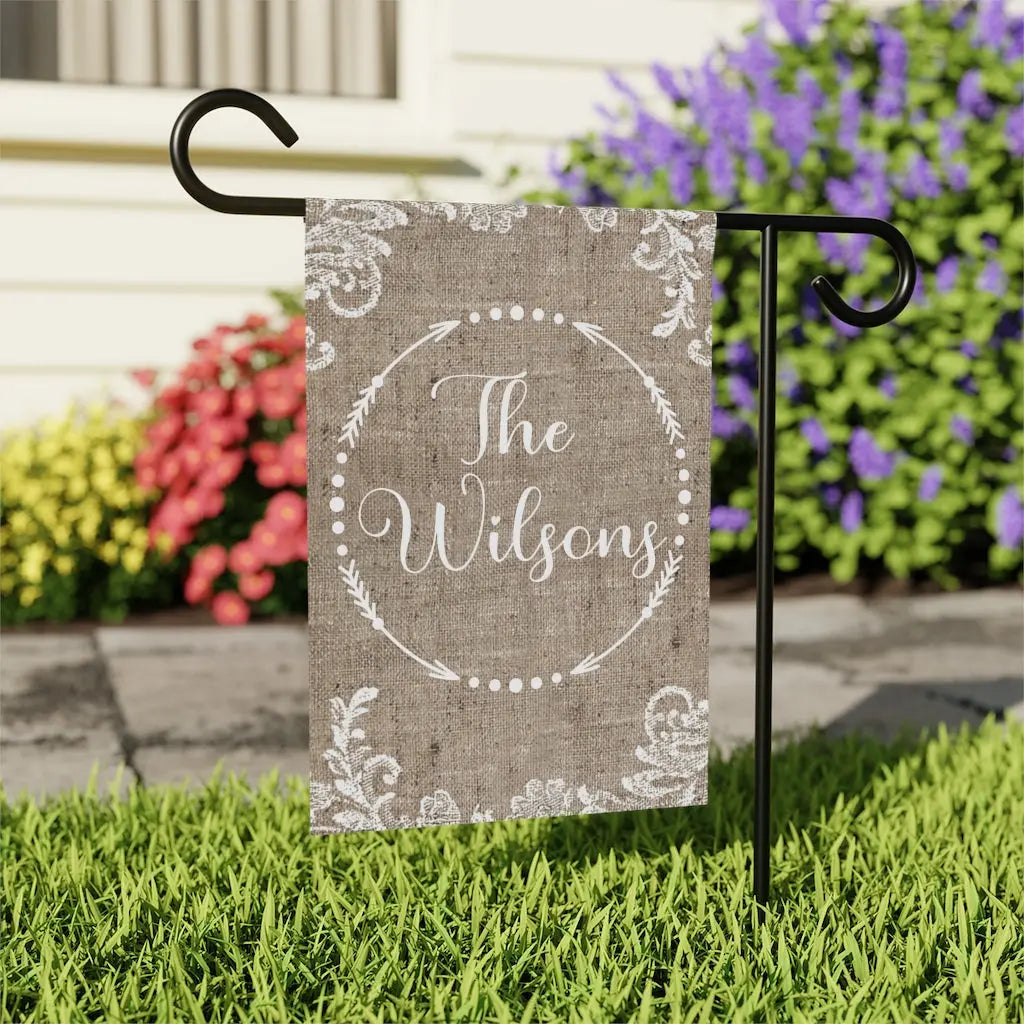 Burlap and Lace Family Name Garden Flag - Personalized Printify