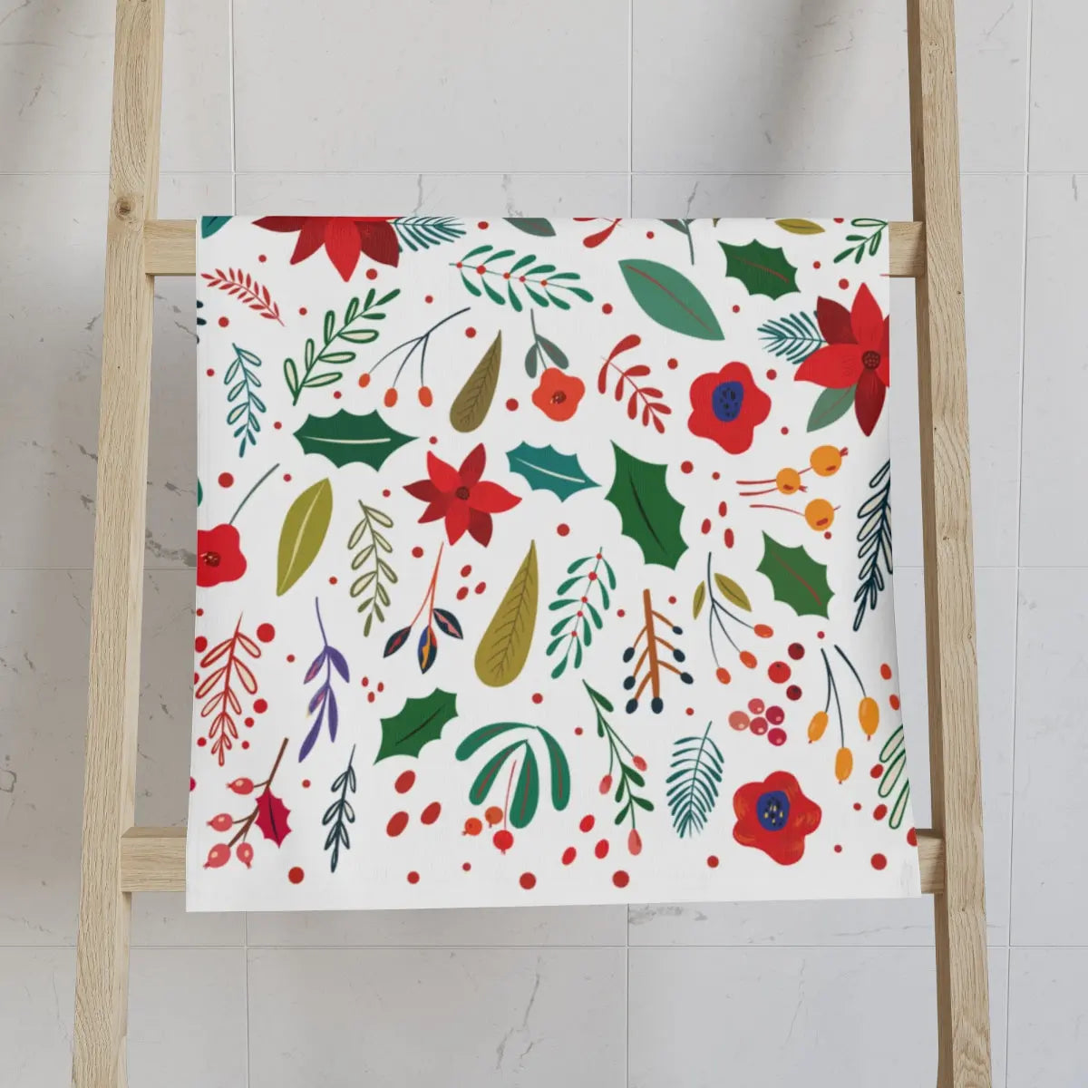 Christmas Floral Towel, Christmas Hand Towel, Cute Holiday Kitchen Towel, Holiday Bathroom Hand Towel Printify