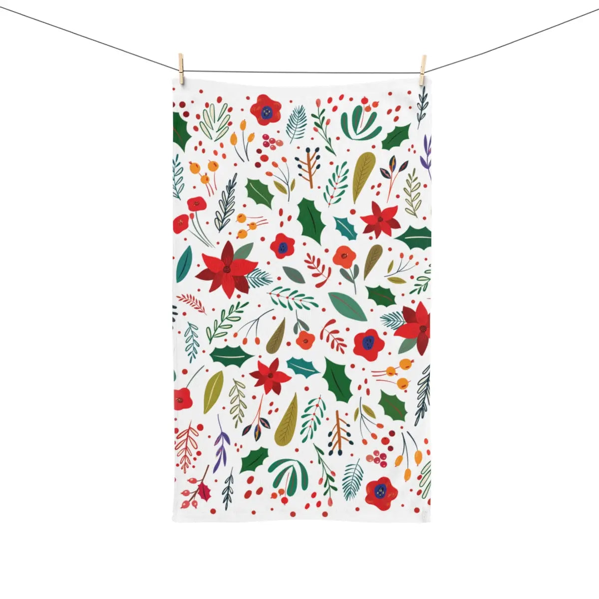 Christmas Floral Towel, Christmas Hand Towel, Cute Holiday Kitchen Towel, Holiday Bathroom Hand Towel Printify