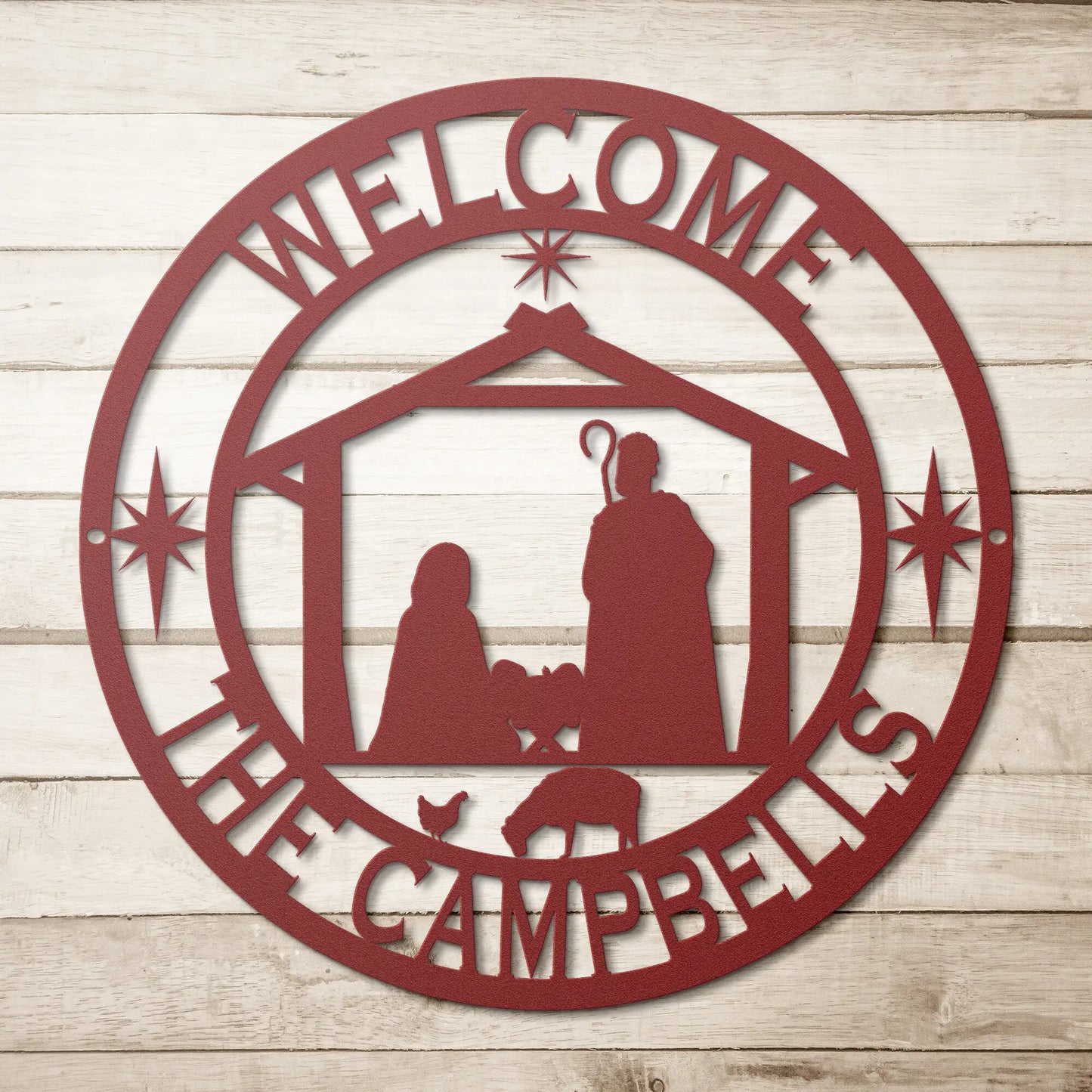 Christmas Manger Scene Personalized Metal Sign, Nativity Christmas Wreath teelaunch