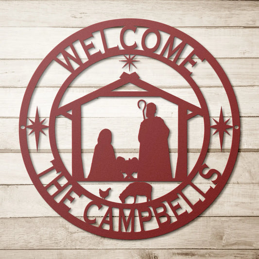 Christmas Manger Scene Personalized Metal Sign, Nativity Christmas Wreath teelaunch