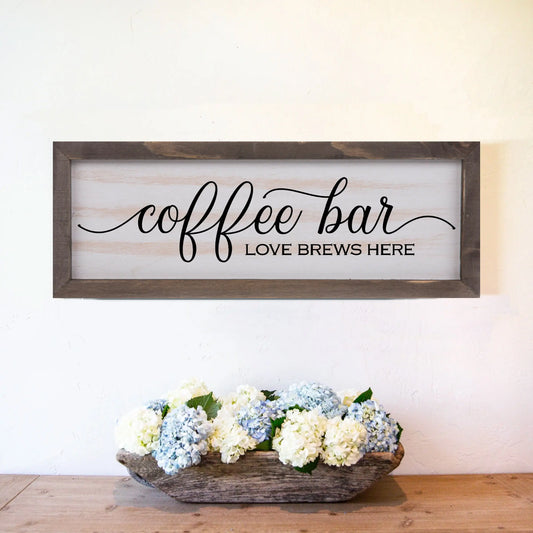 Coffee Bar, Love Brews Here Rustic Whitewashed Wood Frame Sign | 5.5" x 15" Farmhouse Decor | Christian Wood Decor amazingfaithdesigns