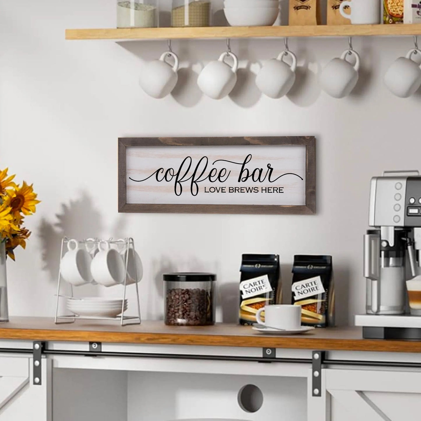 Coffee Bar, Love Brews Here Rustic Whitewashed Wood Frame Sign | 5.5" x 15" Farmhouse Decor | Christian Wood Decor amazingfaithdesigns