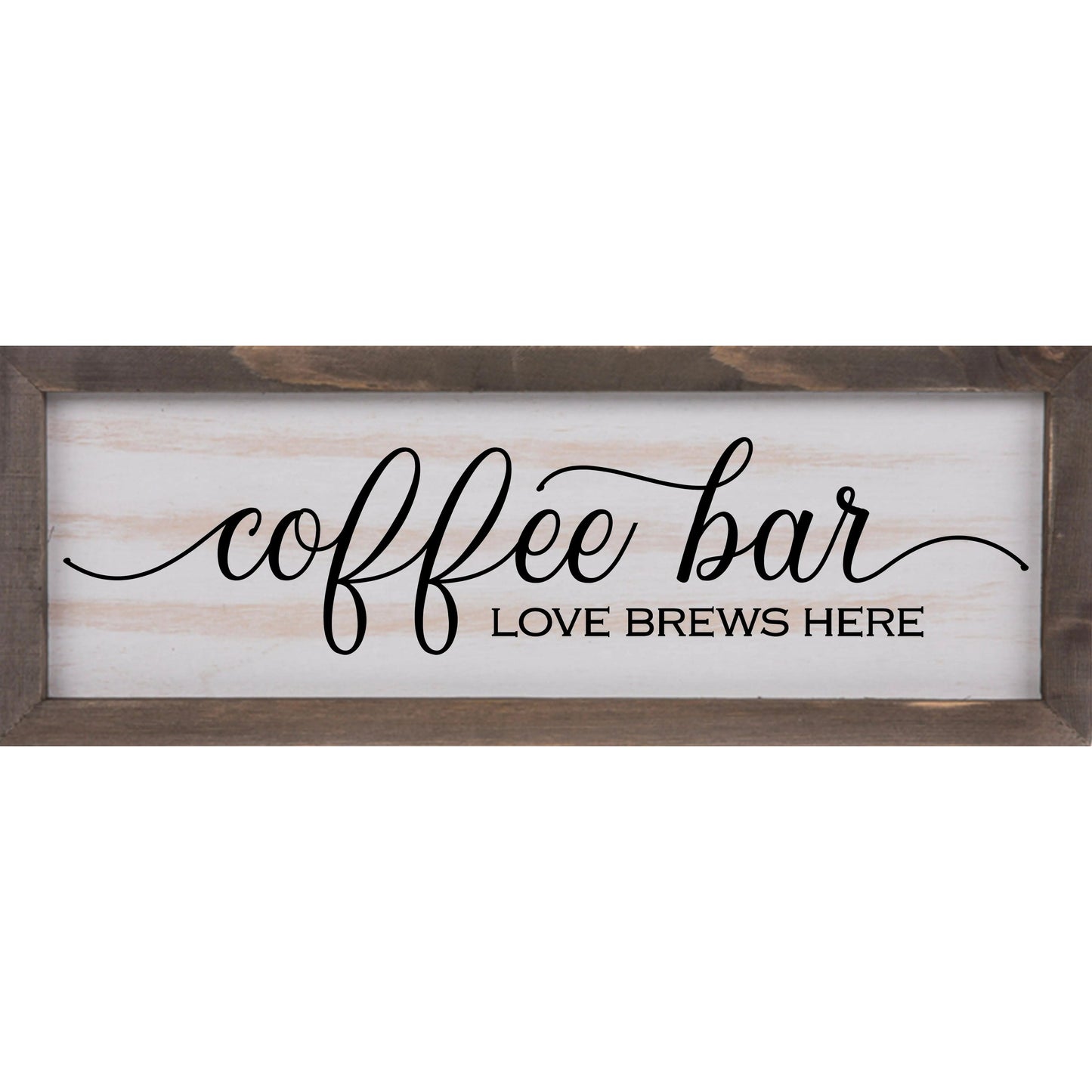 Coffee Bar, Love Brews Here Rustic Whitewashed Wood Frame Sign | 5.5" x 15" Farmhouse Decor | Christian Wood Decor amazingfaithdesigns