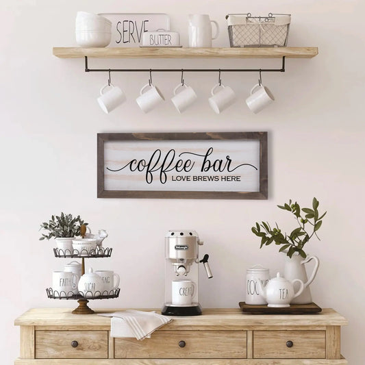 Coffee Bar, Love Brews Here Rustic Whitewashed Wood Frame Sign | 5.5" x 15" Farmhouse Decor | Christian Wood Decor amazingfaithdesigns
