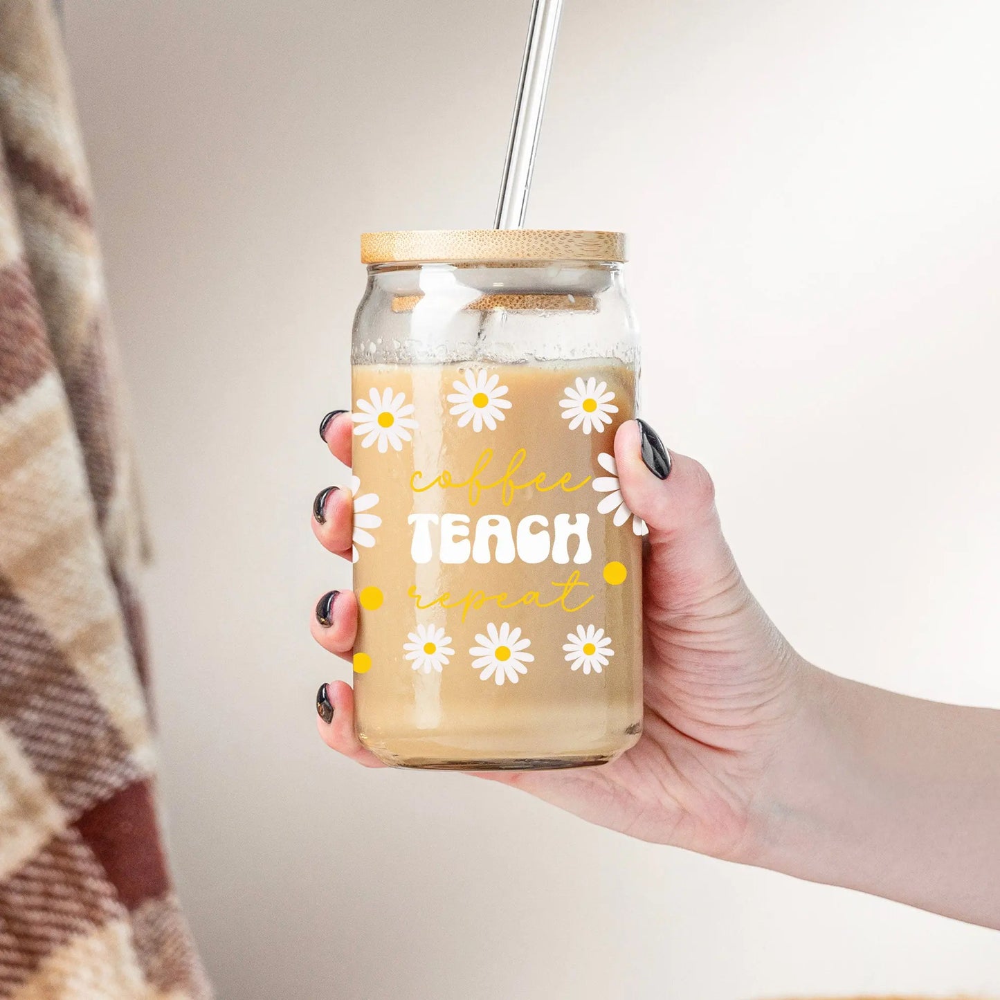 Coffee Teach Repeat | Coffee Glass | Iced Coffee Glass | Teacher Gift Amazing Faith Designs