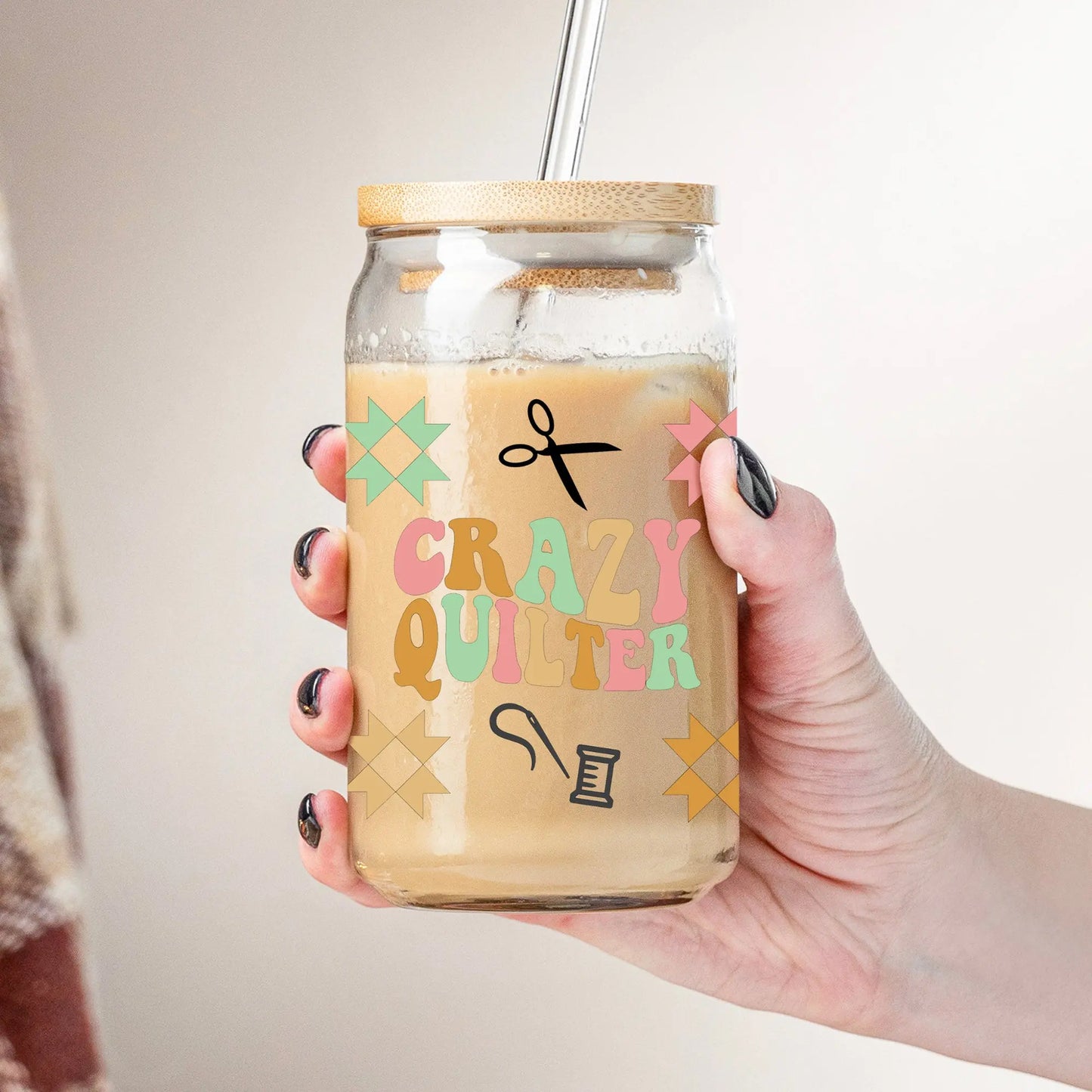 Crazy Quilter Glass Can | Coffee Glass | Iced Coffee Glass | Quilter Gift Amazing Faith Designs