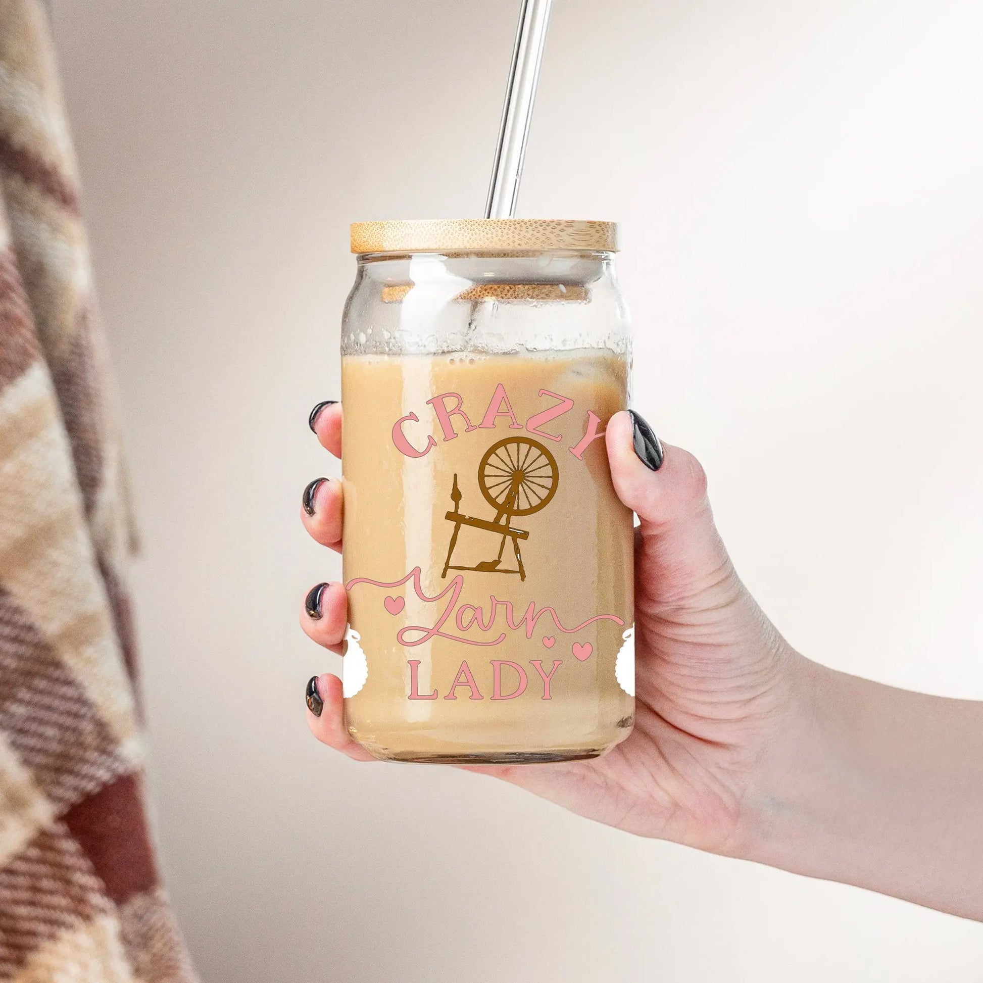 Crazy Yarn Lady Glass Can | Coffee Glass | Iced Coffee Glass | Spinner Gift Amazing Faith Designs