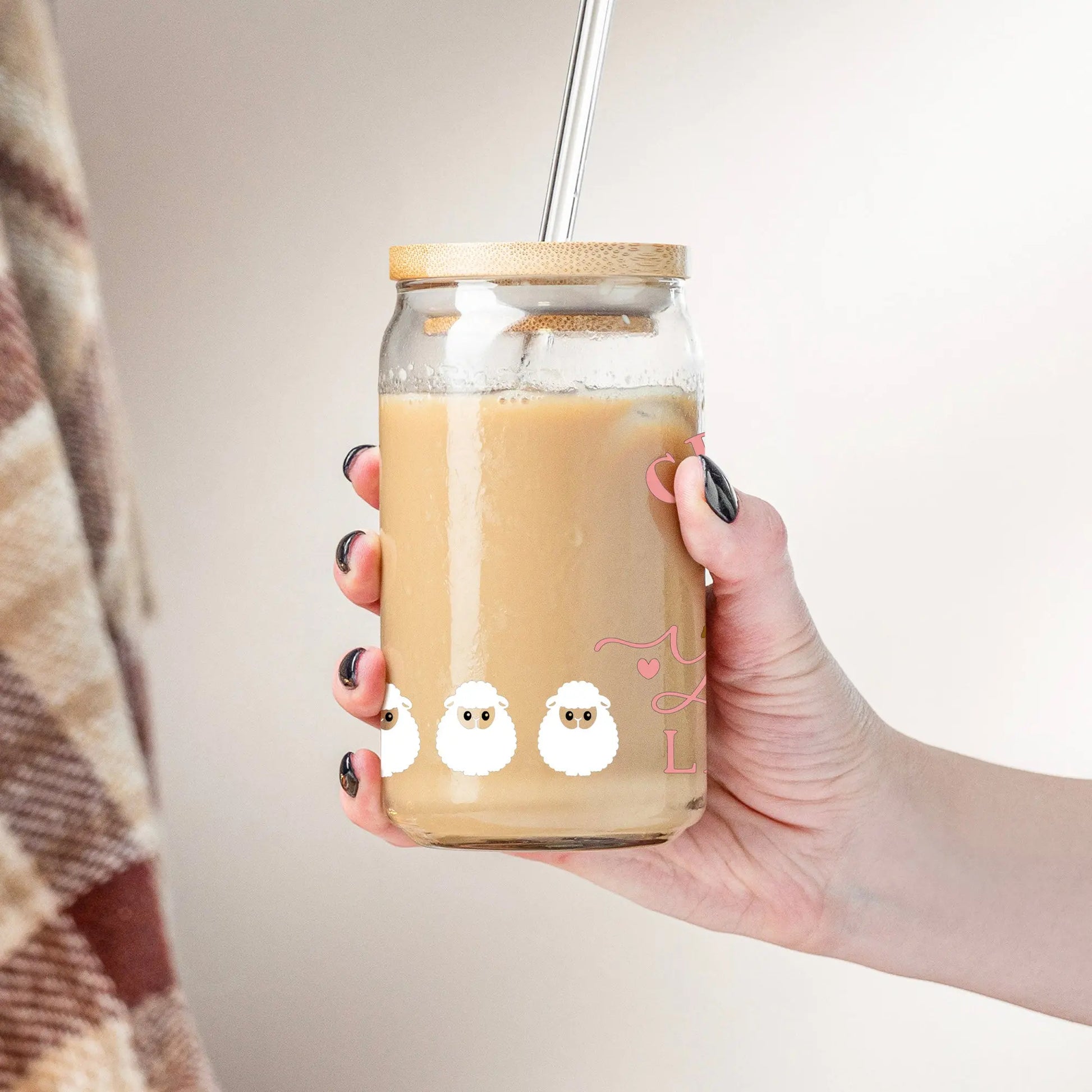 Crazy Yarn Lady Glass Can | Coffee Glass | Iced Coffee Glass | Spinner Gift Amazing Faith Designs
