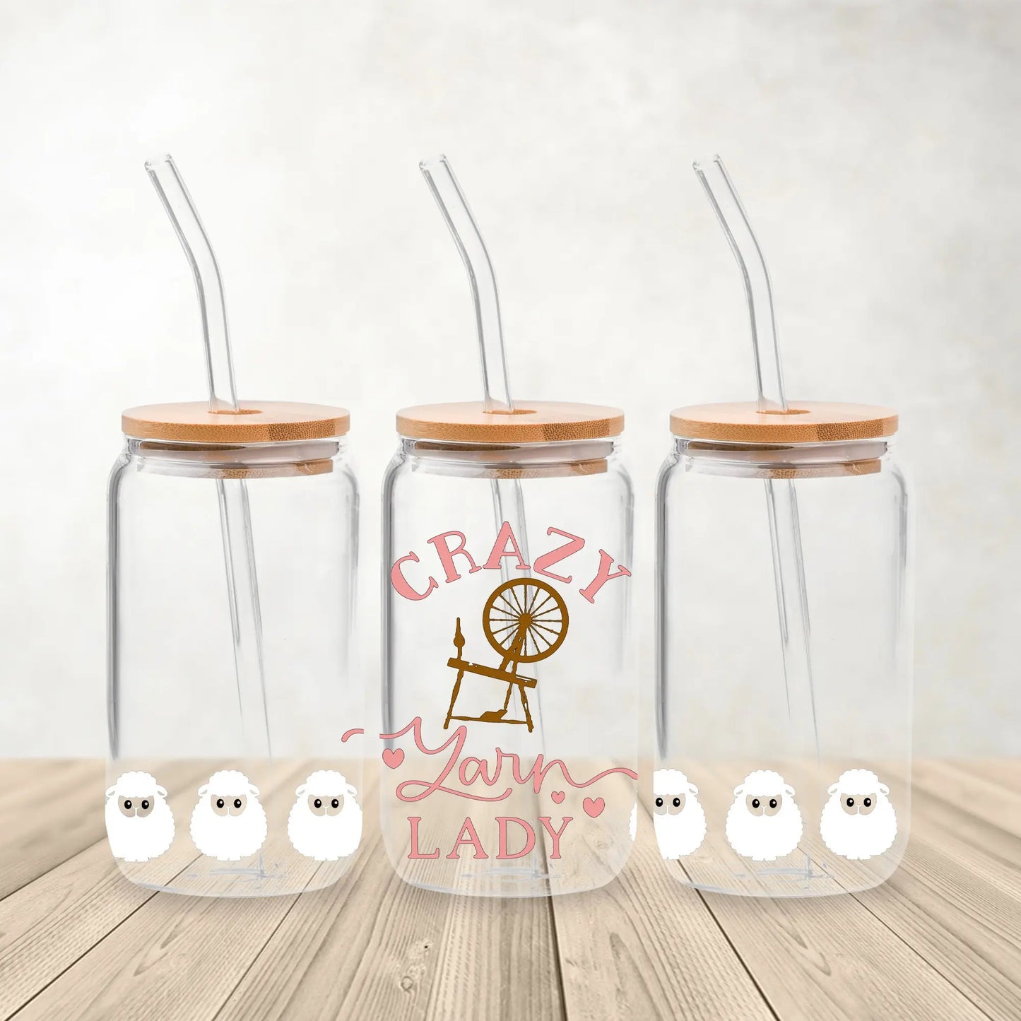 Crazy Yarn Lady Glass Can | Coffee Glass | Iced Coffee Glass | Spinner Gift Amazing Faith Designs