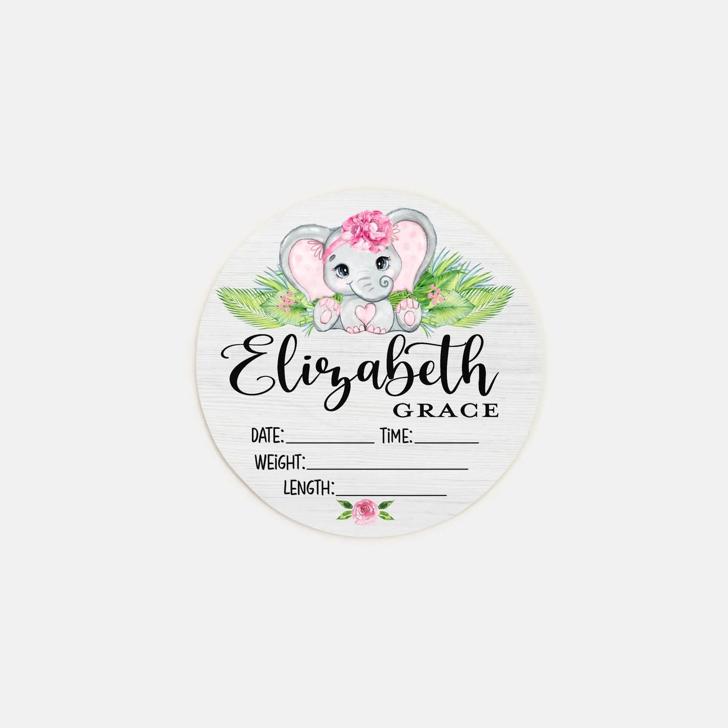 Elephant Girl Birth Stats Round Wood Baby Name Sign Amazing Faith Designs