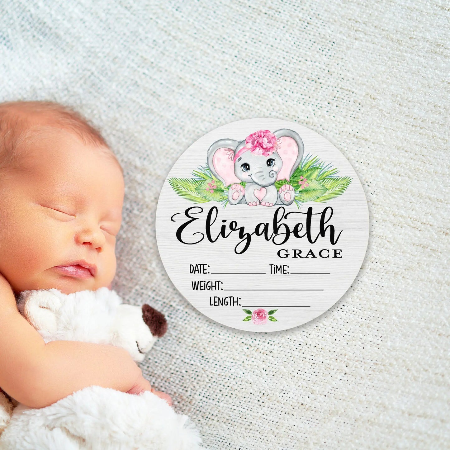 Elephant Girl Birth Stats Round Wood Baby Name Sign Amazing Faith Designs
