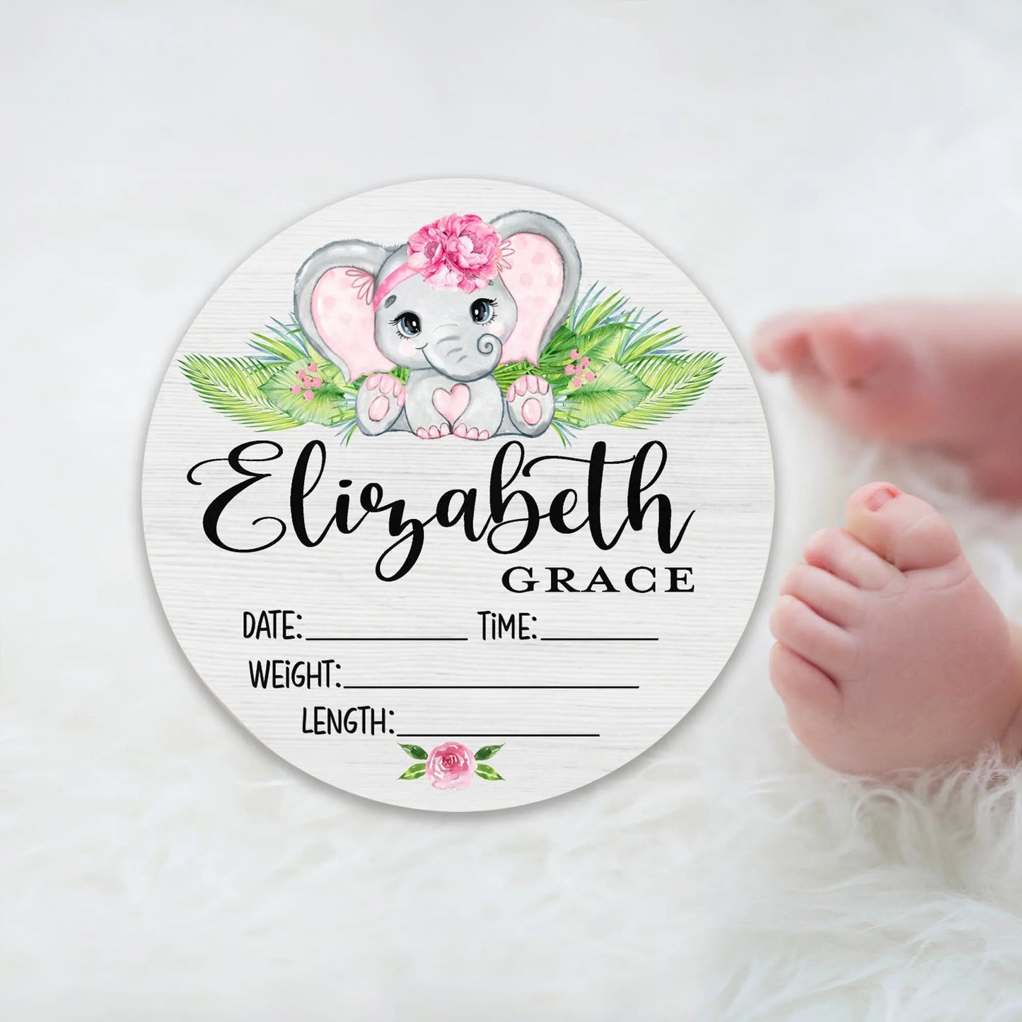 Elephant Girl Birth Stats Round Wood Baby Name Sign Amazing Faith Designs