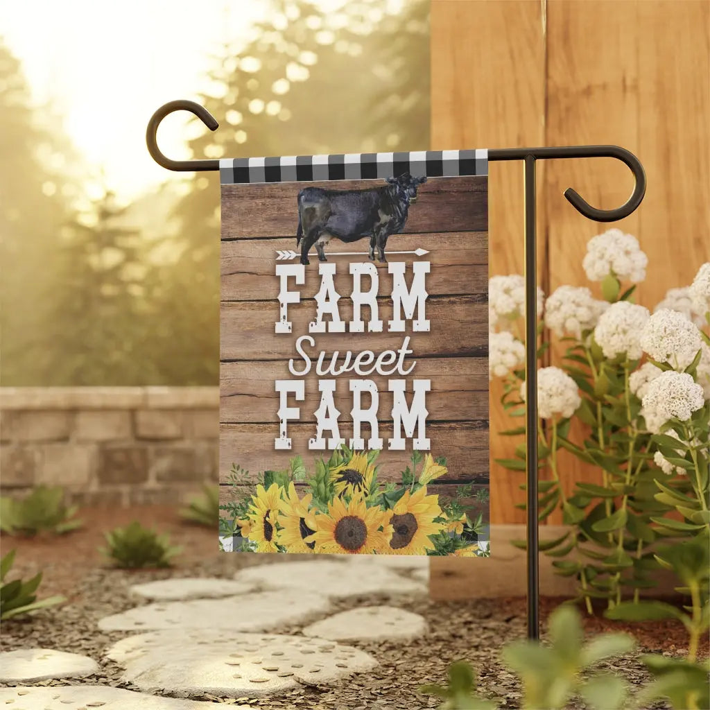 Farm Sweet Farm Black Angus Cow Garden Flag Printify