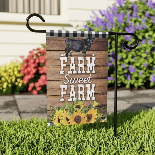 Farm Sweet Farm Black Angus Cow Garden Flag Printify