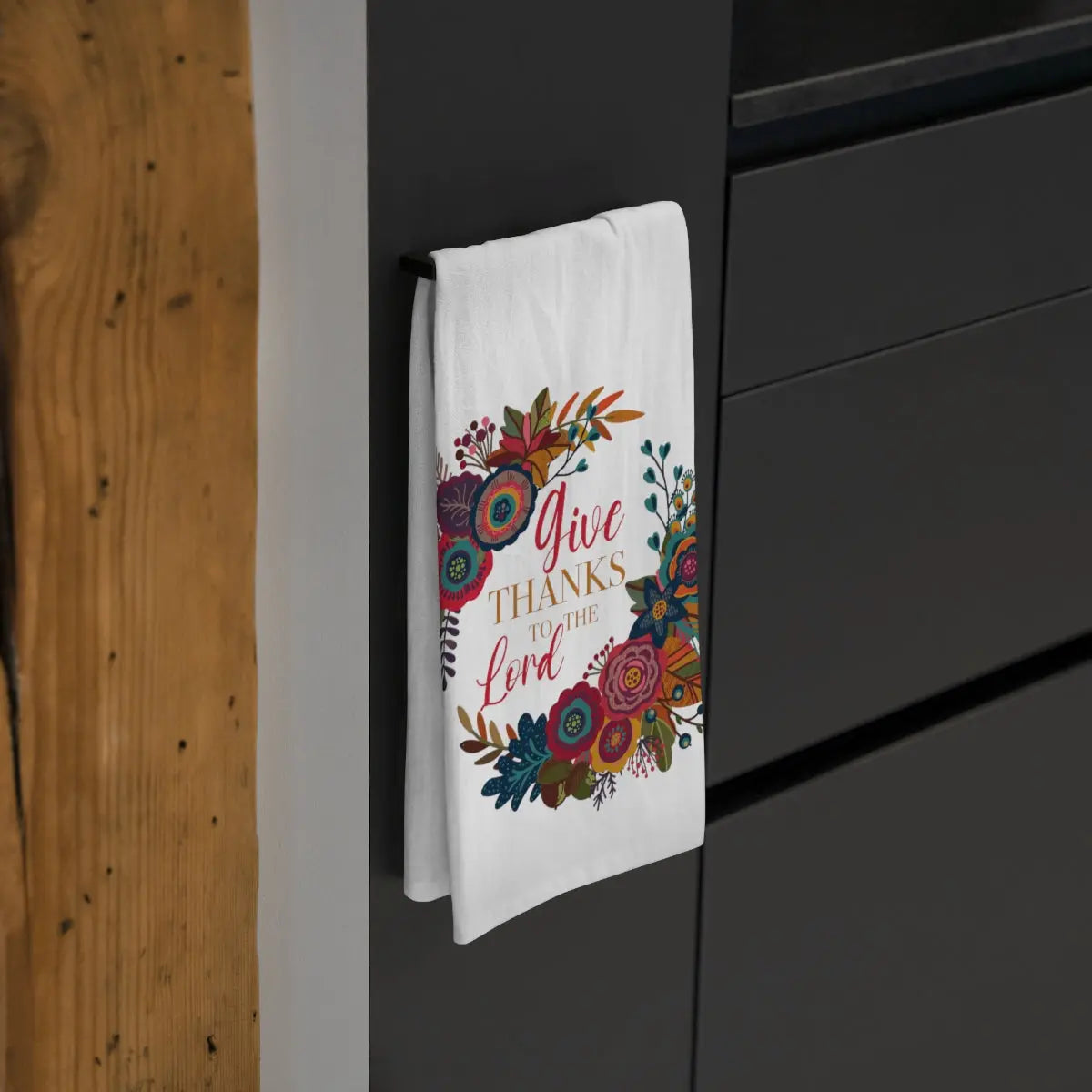 Give Thanks Tea Towel, Fall Kitchen Towel, Farmhouse, Thanksgiving, Floral Dish Towel, Cute Autumn Kitchen Towel Printify