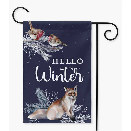Hello Winter Fox and Birds Garden Flag Amazing Faith Designs