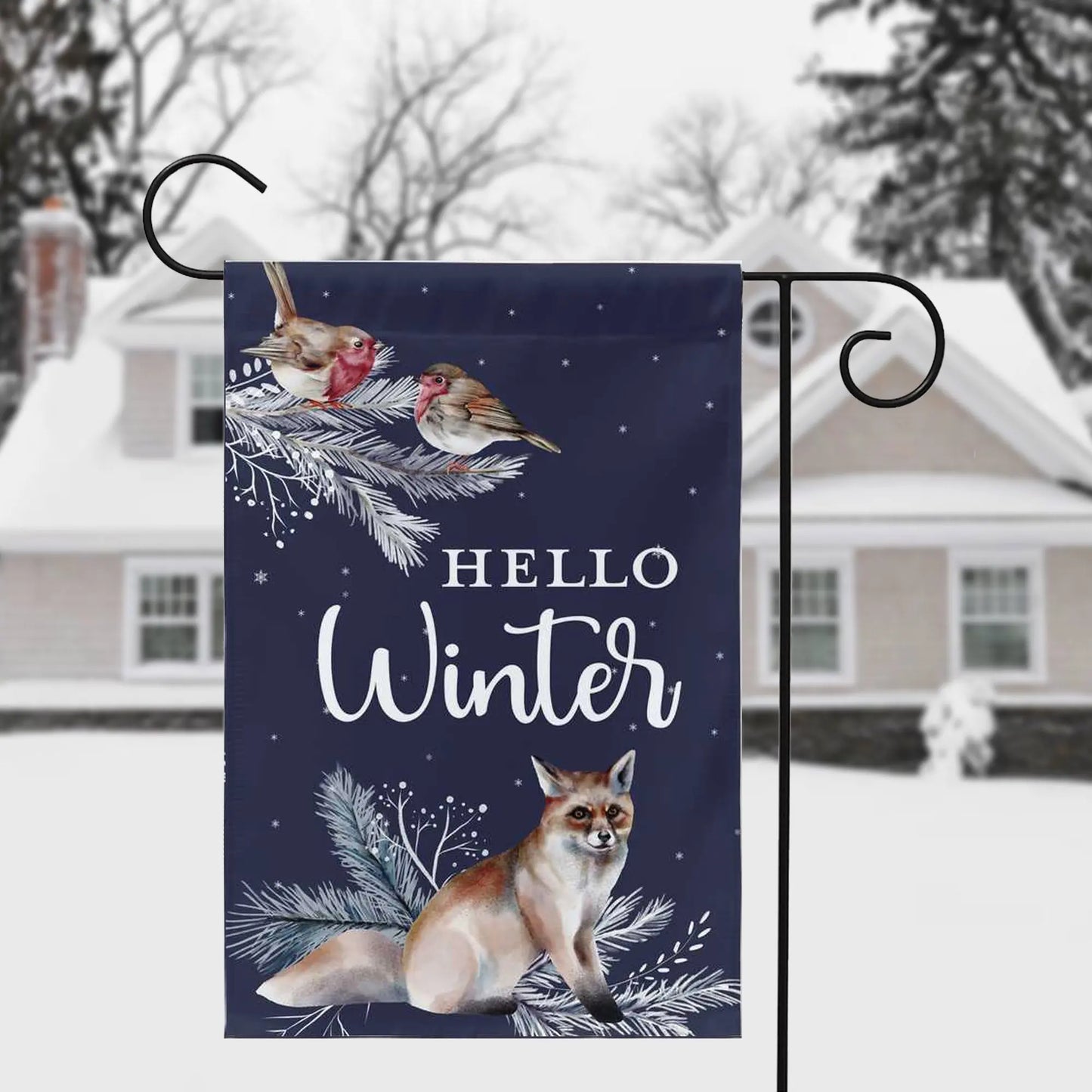 Hello Winter Fox and Birds Garden Flag Amazing Faith Designs