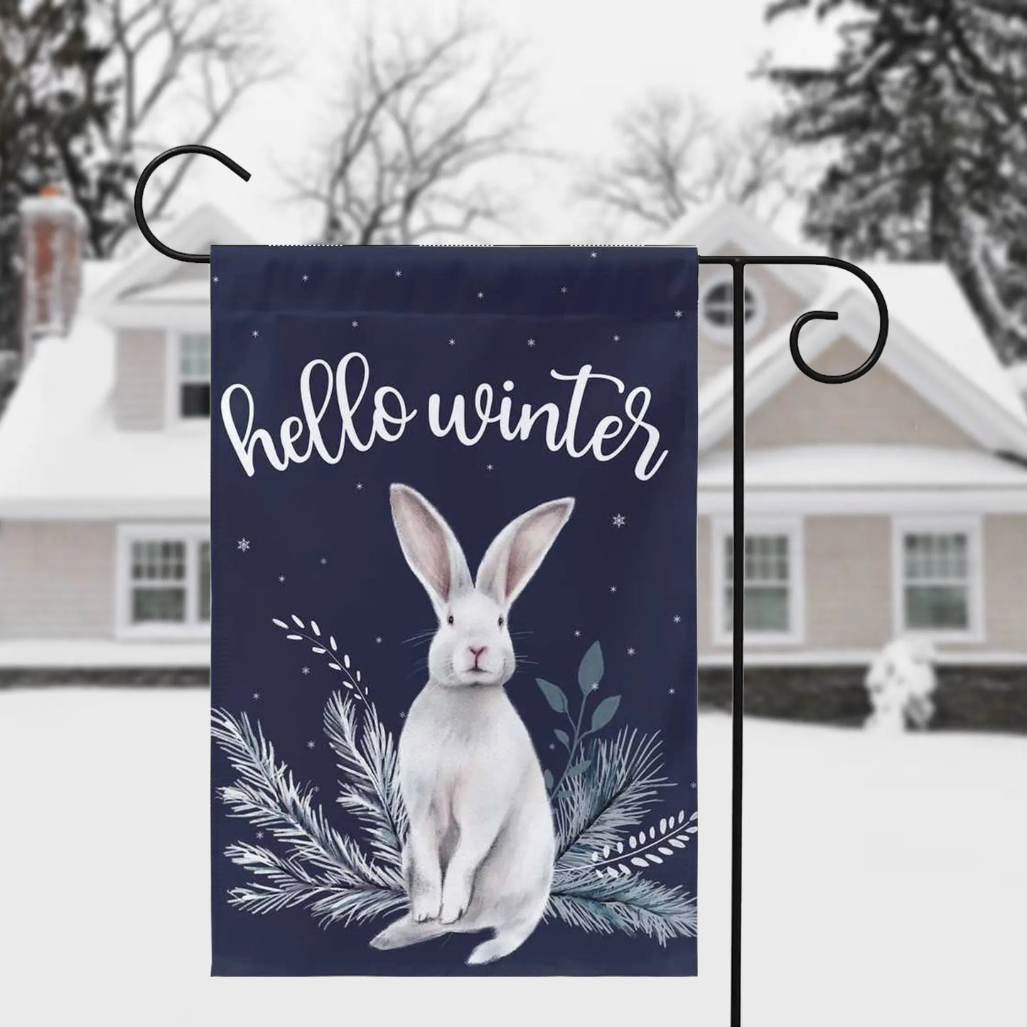 Hello Winter Snow Bunny Garden Flag Amazing Faith Designs
