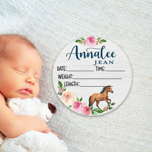 Horse Floral Birth Stats Round Wood Baby Name Sign Amazing Faith Designs