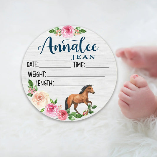 Horse Floral Birth Stats Round Wood Baby Name Sign Amazing Faith Designs