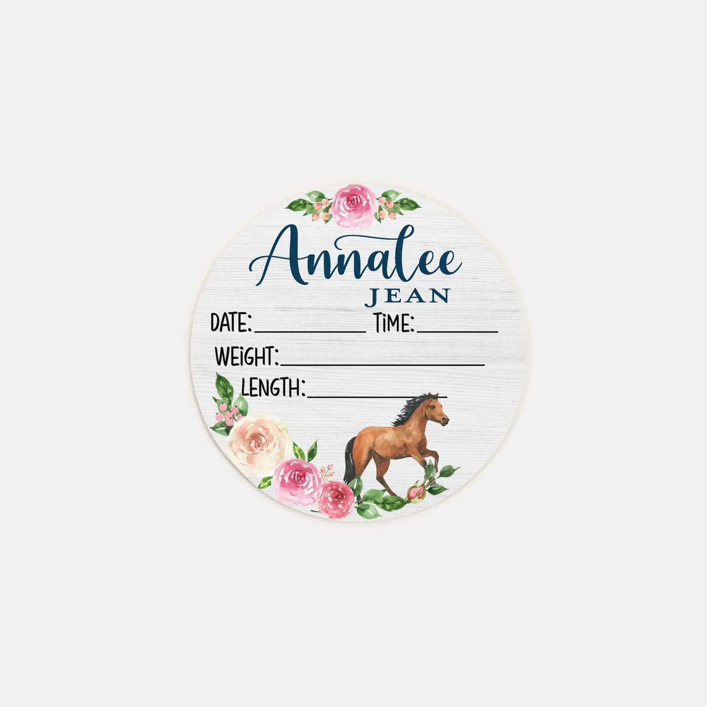 Horse Floral Birth Stats Round Wood Baby Name Sign Amazing Faith Designs