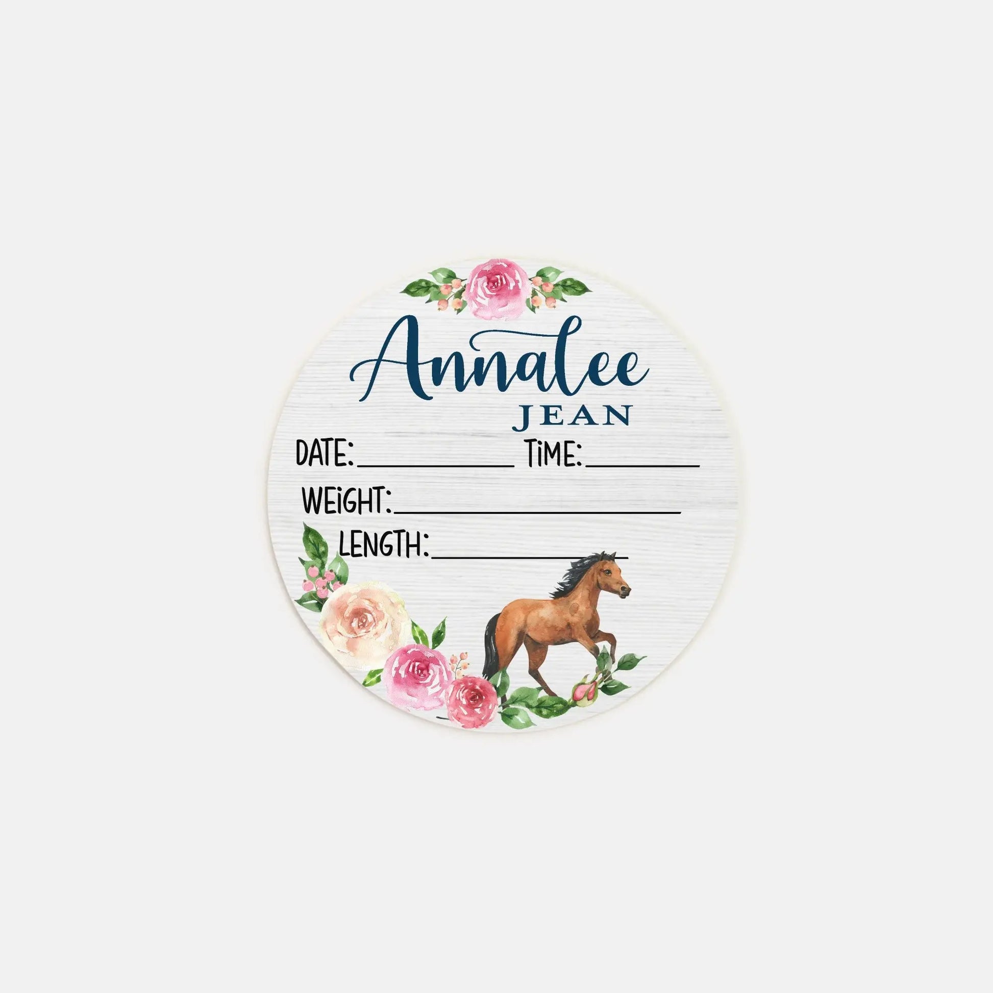 Horse Floral Birth Stats Round Wood Baby Name Sign Amazing Faith Designs