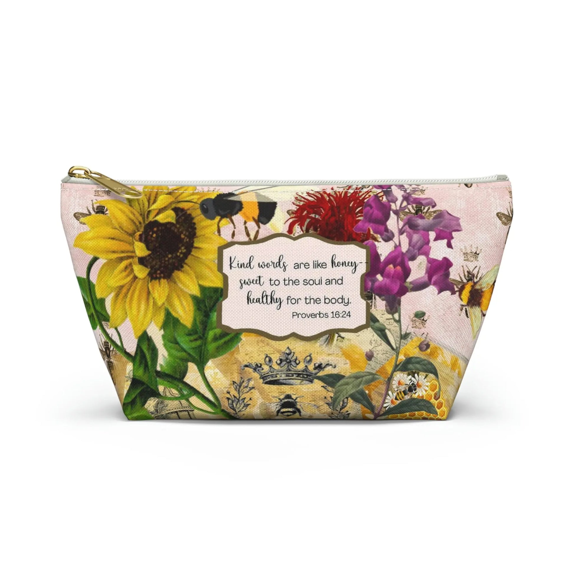 Kind Words are Like Honey Makeup Accessory Pouch w T-bottom - Vintage Honey Bee Printify